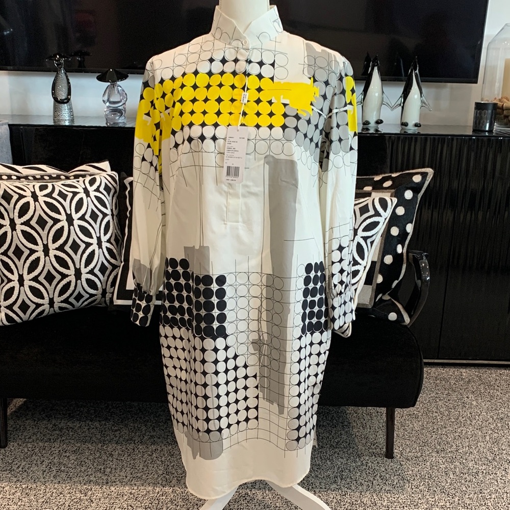 NWT. AKRIS Graphic Dot Print Shirt Dress in White, Black & Yellow. Size 10